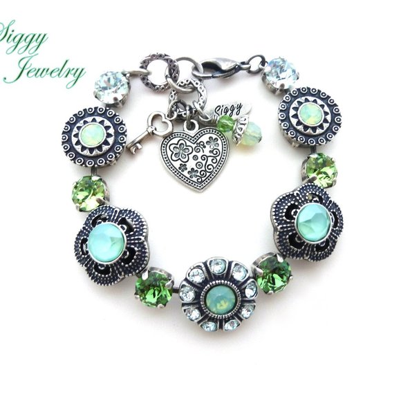 Austrian Crystal Key Largo Flower Bracelet, Mint Opals, Antique Silver Finish - Picture 1 of 7